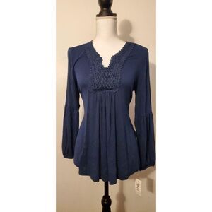 Style + Co Long Sleeve V Neck Ruffled Top Blue